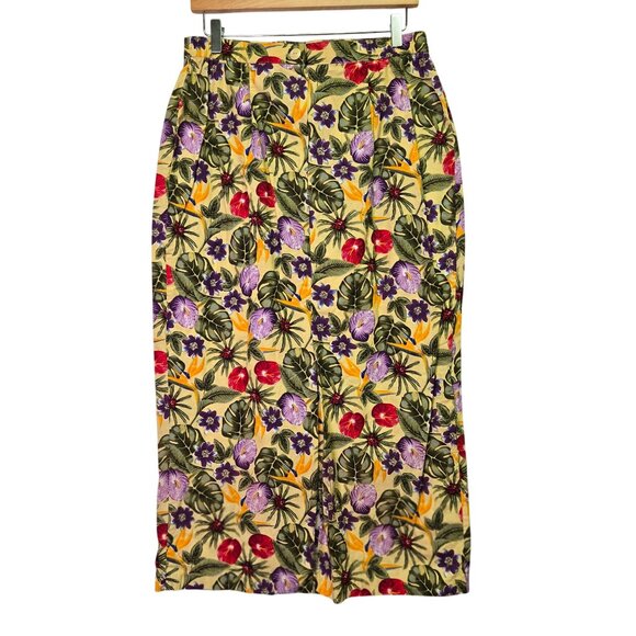 Vintage Tropical Floral Faux Wrap High-Waist Skirt Button & Zip Closure - Picture 2 of 13